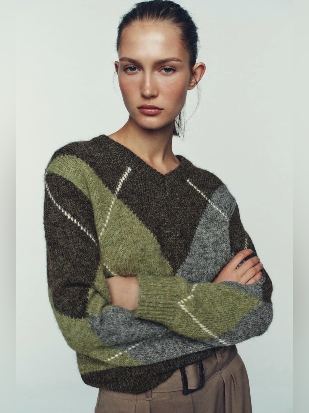 ZARA NWT Argyle Knit Sweater Brown Green Gray Preppy